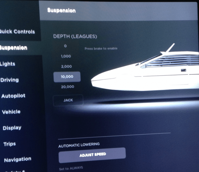 tesla 20000 leagues under the sea, tesla air suspension, tesla suspension settings, tesla suspension
