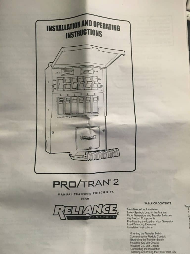 Reliance Pro/Tran 2 manual transfer switch kit installation and operating instructions - cybertruck v2h
