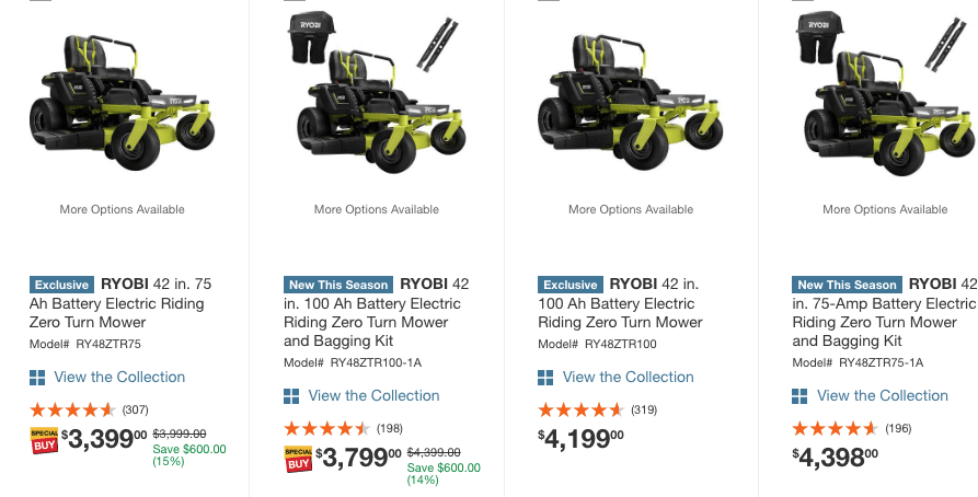 Current pricing of Ryobi electric zero turn mower.