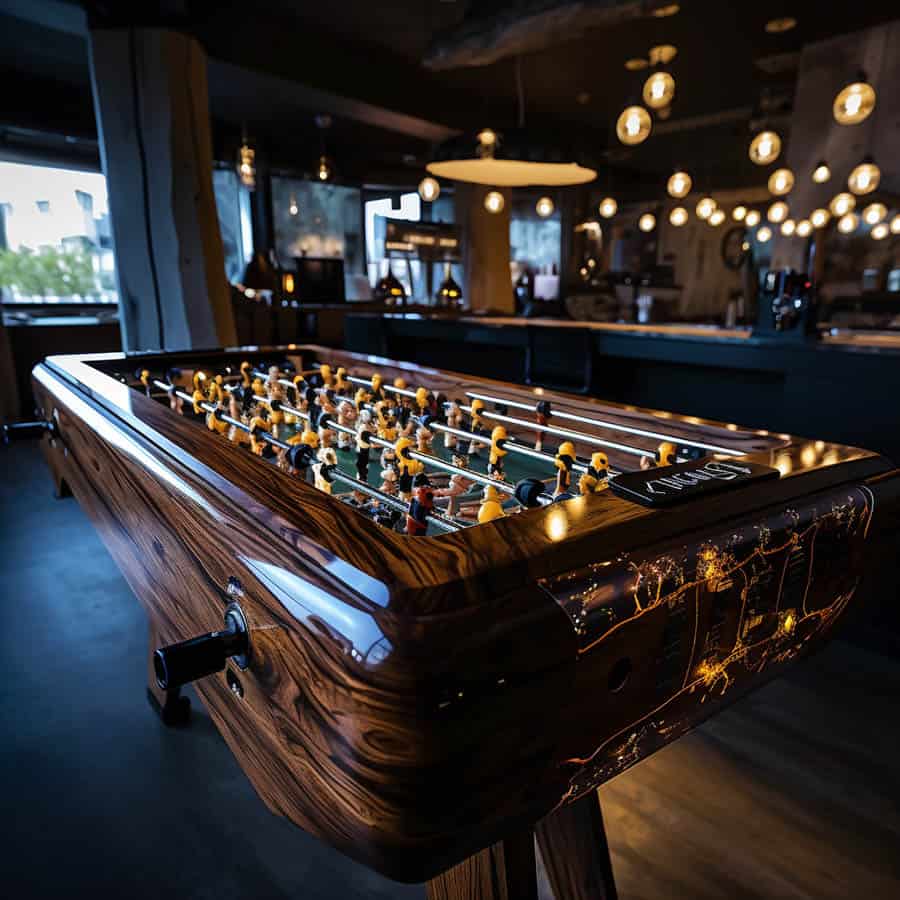 a hyper realistic solid wood foosball table digital illustration with dramatic lighting with the playfield in the wrong orientation, but with a pretty cool high end wood design