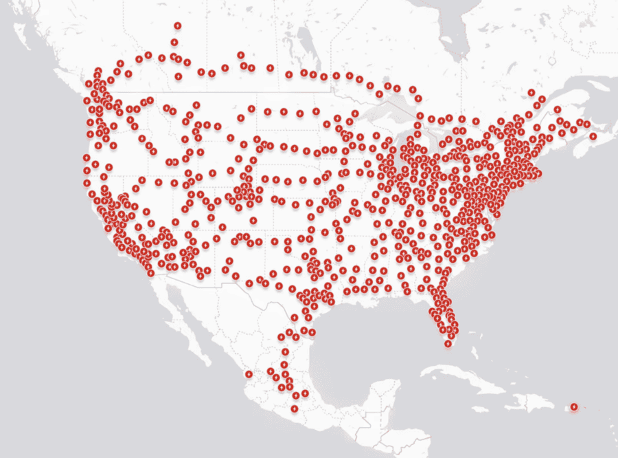 a map of the north american tesla supercharger network as of July 2023