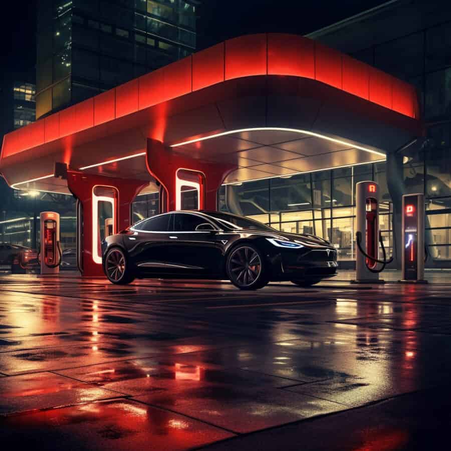 tesla supercharger network of charging - a hyper realistic illustration