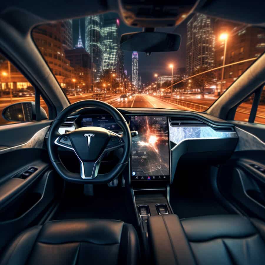 tesla full self driving down a urban city highway through the heart of downtown