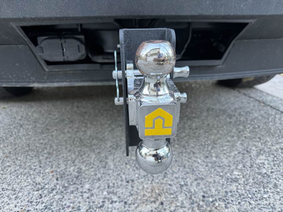 cybertruck tow bar with ball hitch installed.