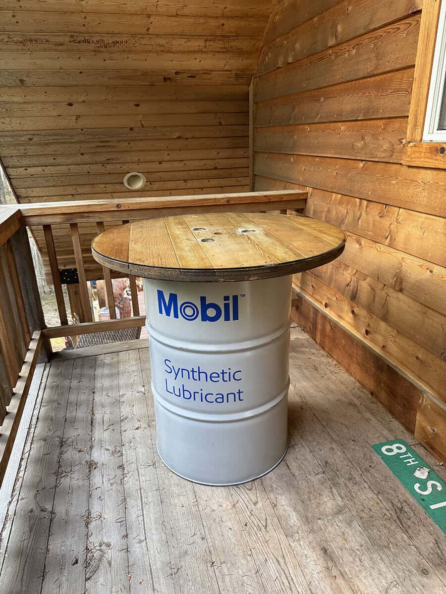 upcycled recycled barrel spool table