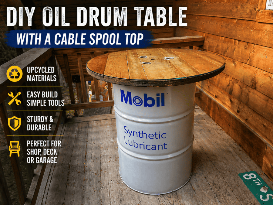 upcycling a mobile oil barrel drum and wood cable spool end into a functional table